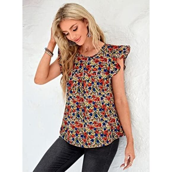 No Brand Tops - Emery Rose Women's Red All-Over Floral Print Flowy Ruffle Blouse sz 3XL Whimsica